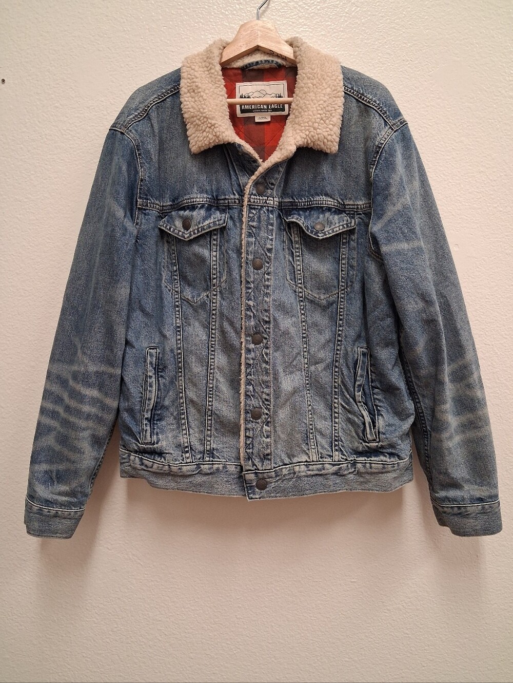 American Eagle Sherpa Denim Jacket Mens Large Buffalo Plaid Lined Trucker